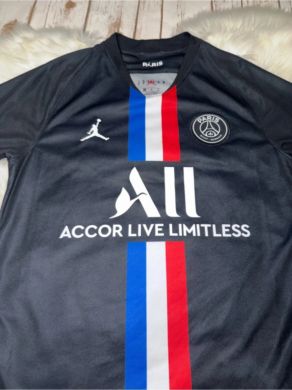 Jordan Black PSG Jersey with Blue-White-Red Stripe